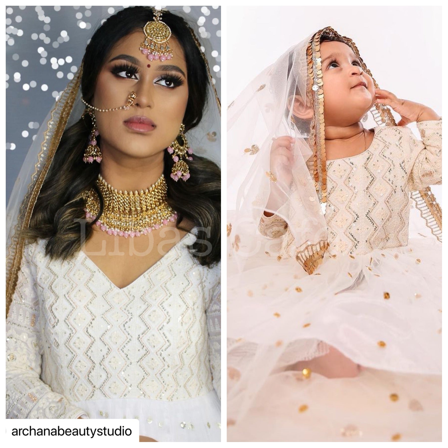 Mother Daughter In White Lakhnavi Suit